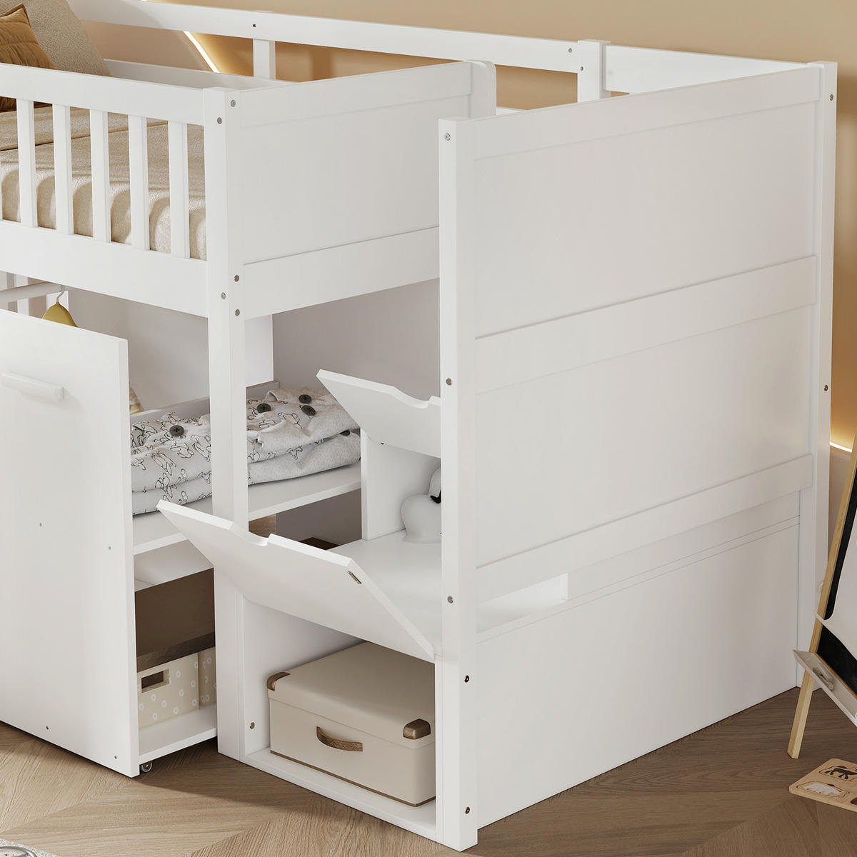ETAGENBETT 90/200 cm in Weiß mit Schreibtisch, 3 Schränken und Stauraumtreppe - Weiß, Holz/Holzwerkstoff (90/200cm) - CHICFURN