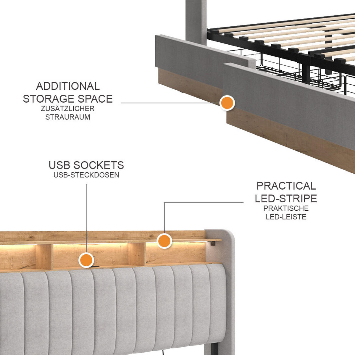 POLSTERBETT Nura Grau 180x200 cm mit 4 Schubladen - Grau, Holzwerkstoff - VitaliSpa