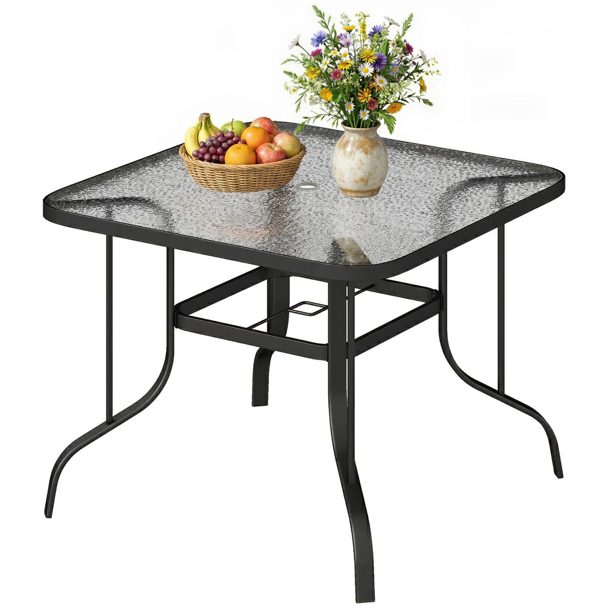 GARTENTISCH,QUADRATISCH Glas mit Schirmloch,schwarz - Schwarz, Metall (96.5/96.5/72cm) - Vallsero