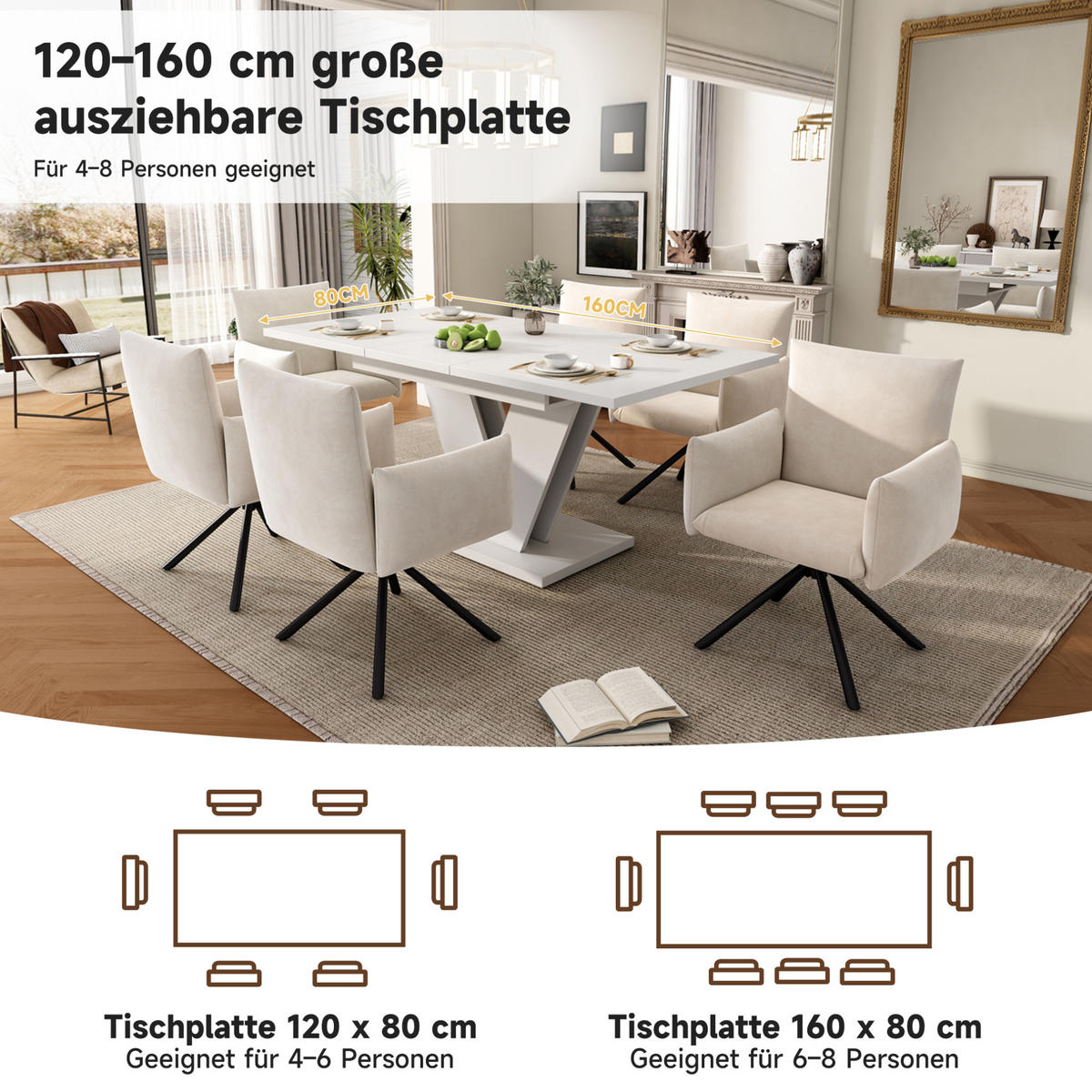 ESSTISCH 120/160/80 cm Weiß aus MDF mit Ausziehfunktion - Weiß, Holzwerkstoff (160/80/75cm) - OKMYHOME