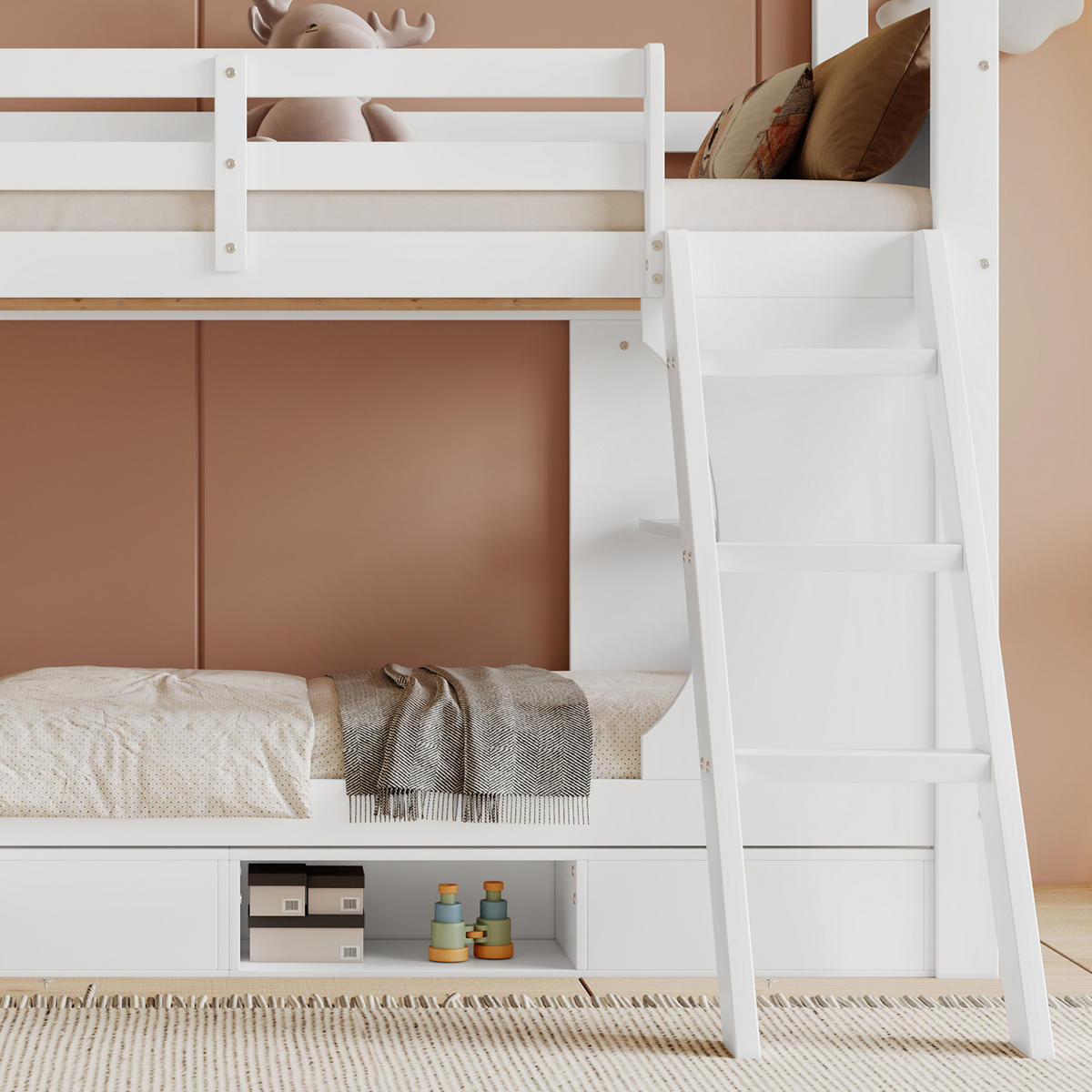 ETAGENBETT 90/200 cm Weiß mit Tisch und Schuhschrank aus Kiefer und MDF - Weiß, Holzwerkstoff (90/200cm) - OKWISH