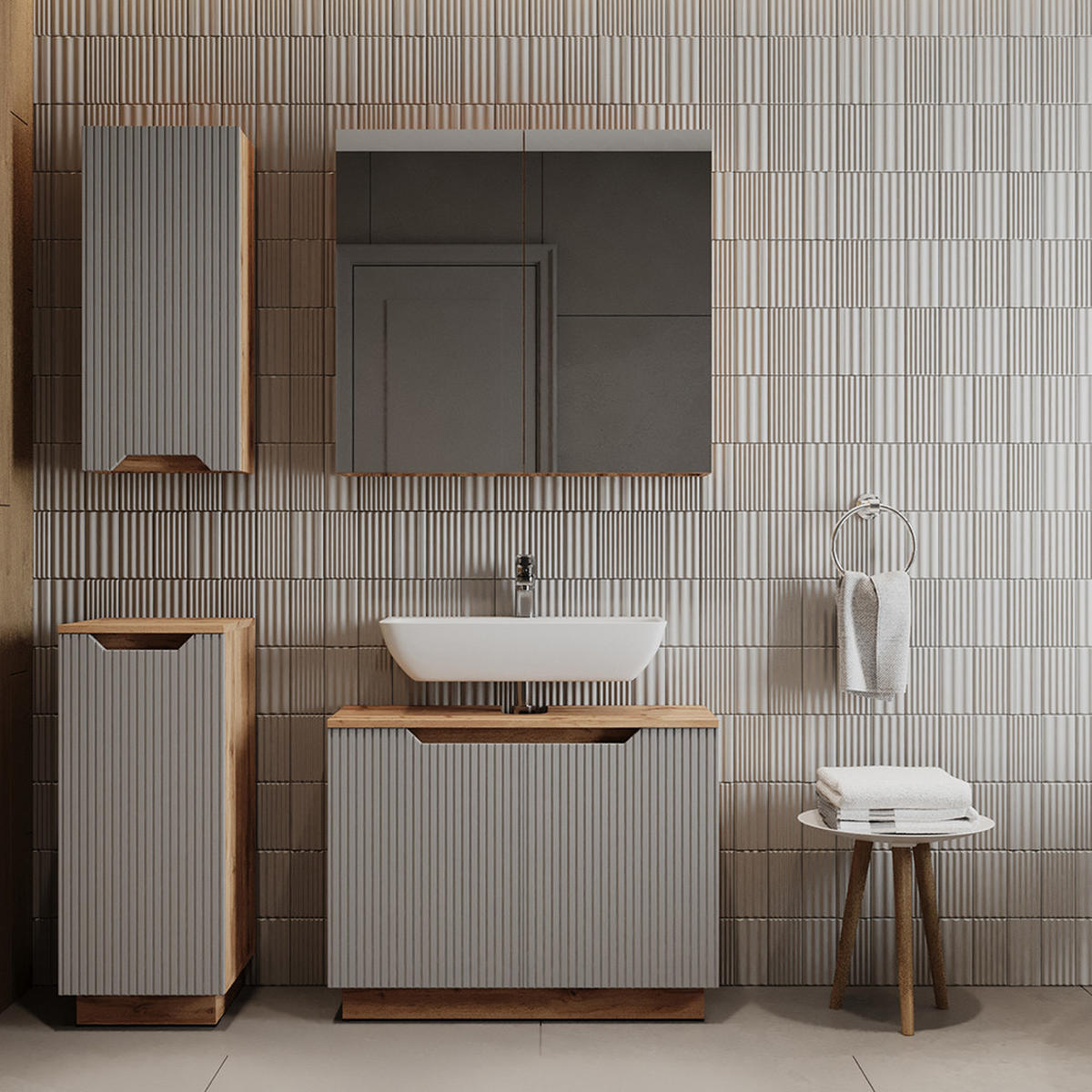 BADMÖBEL-SET Lotta Eiche/grau gestreift 4 Teile - Eichefarben/Grau, Holzwerkstoff (79.6/62.1/32cm) - Vicco