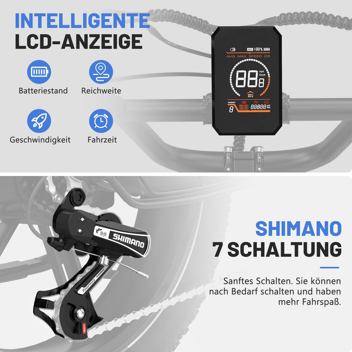 E-BIKE Mountain R6 20*4,0 Zoll, 7 Gang, Aluminiumrahmen, bis zu 120km - Grau, Metall (31cm) - ECORUSH
