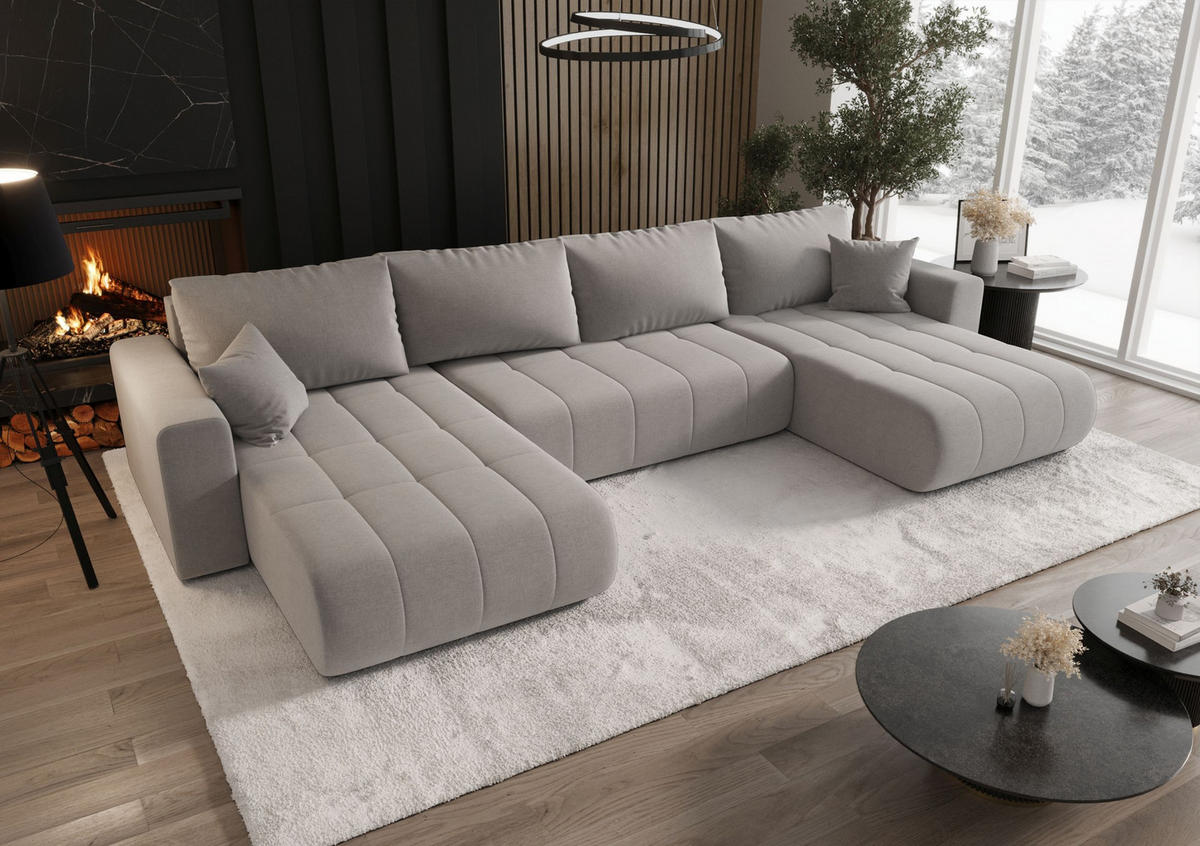 WOHNLANDSCHAFT LARA U-Form beige Strickstoff Wind 11 - Schlaffunktion, Bettkasten - Beige, Textil (385/85/175cm) - Cornero