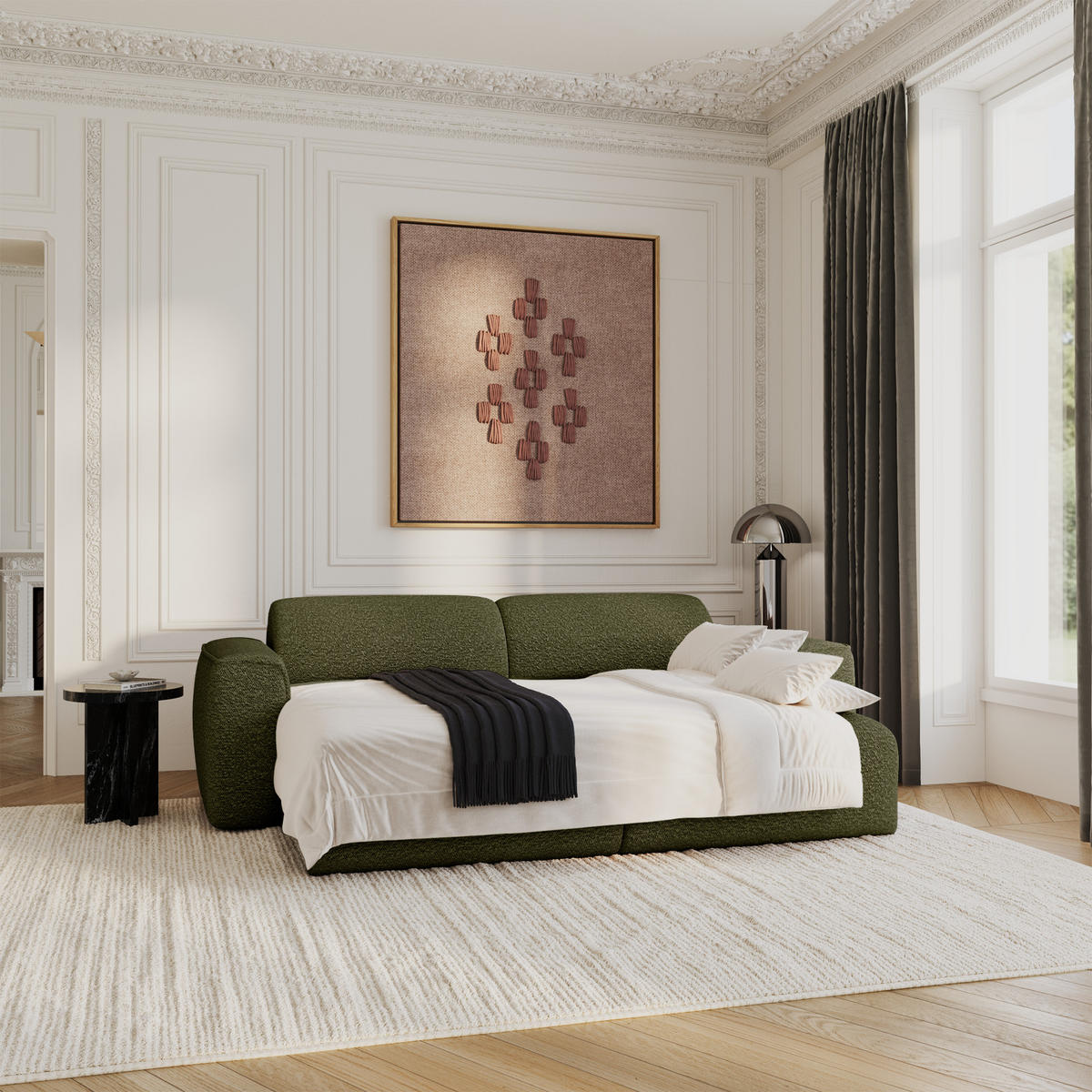 SCHLAFSOFA GERADE Bouclé-Stoff Olivgrün 240cm - Olivgrün, Textil (240/73/97cm) - Sia Home
