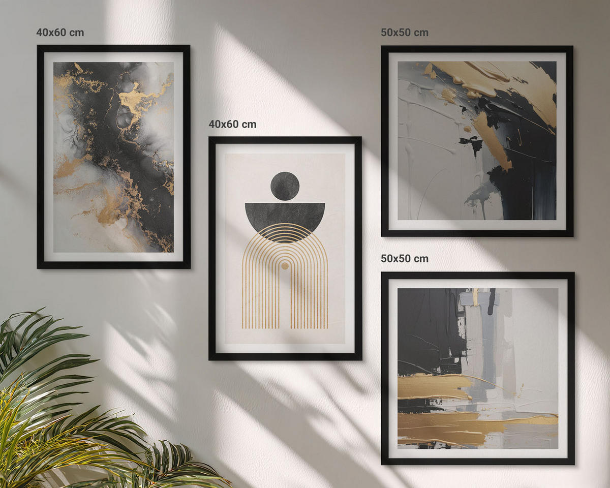 BILDER SET 4er Set - 50x50 cm & 40x60 cm Schwarzer Rahmen - Abstrakte Geometrie-Komposition - Schwarz, Kunststoff (50/50cm) - TULUP