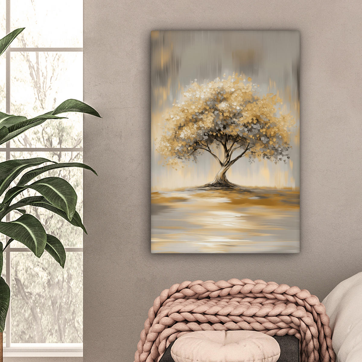 LEINWANDBILD Gemälde - Baum - Abstrakt - Blätter Wanddeko Schlafzimmer 60x90 cm - Beige, Textil (60/90cm) - MuchoWow