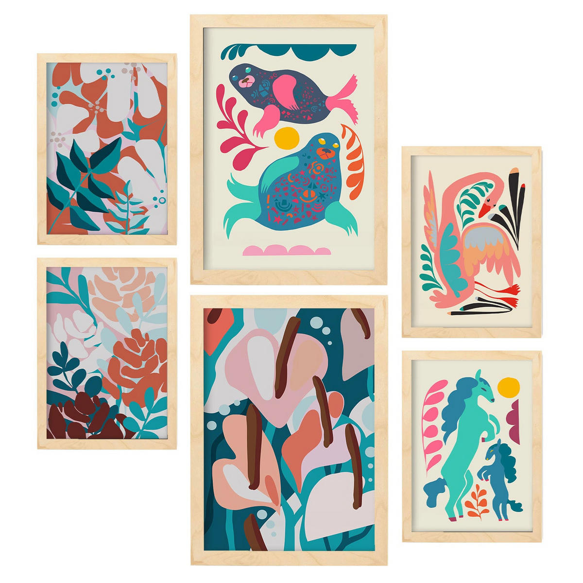 POSTER Set Mit 6 Lebende Harmonie In Tiere Zusammenfassungen A3 & A4 Rahmen Aus Hellem Holz - Beige, Papier (29/3cm) - Nacnic