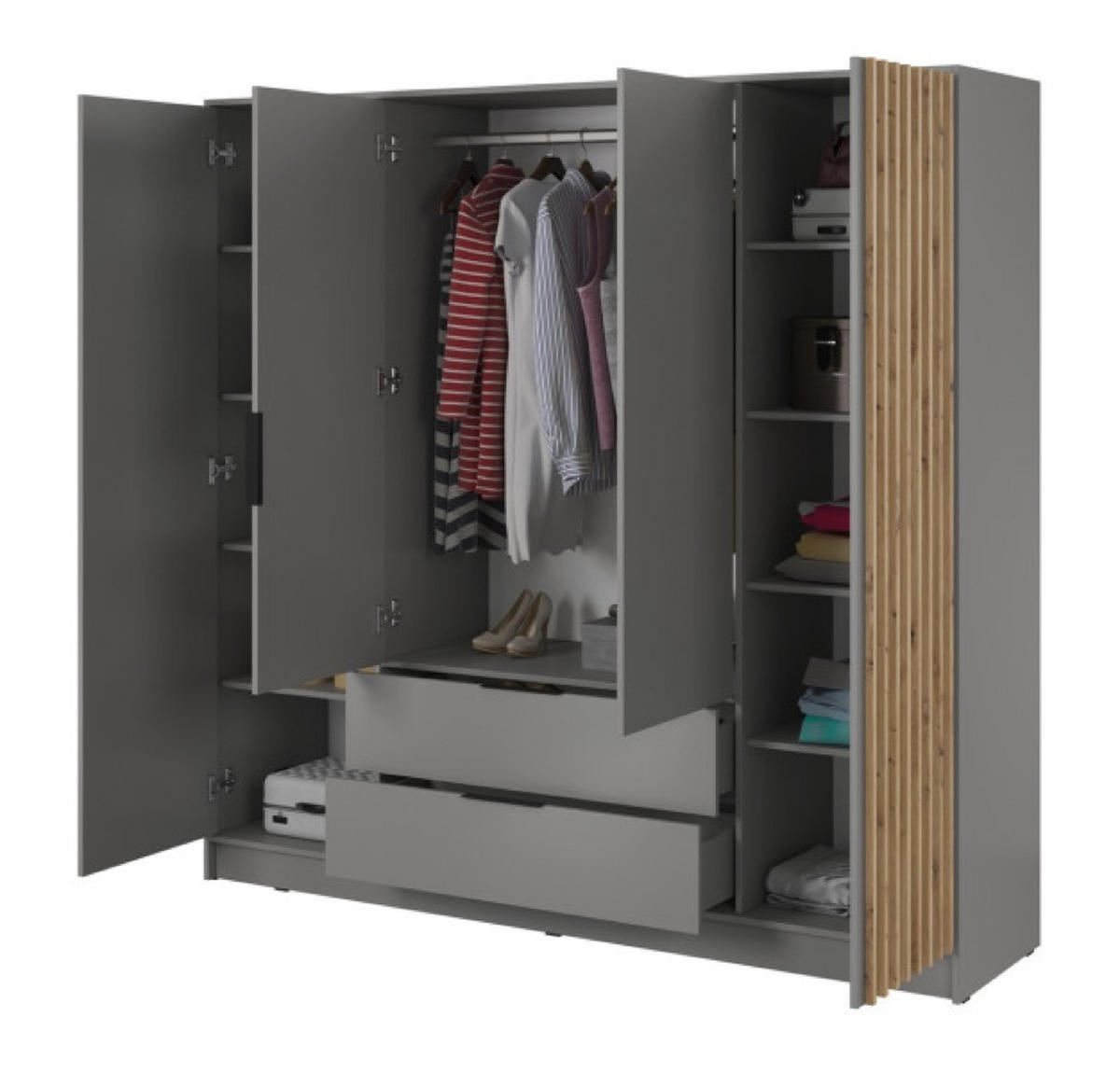 SCHRANK Grau KELLY Viertrurig Mit Lamellen 206 cm Mit Regalen - Grau, Holzwerkstoff (206/200/51cm) - Sepro Meble