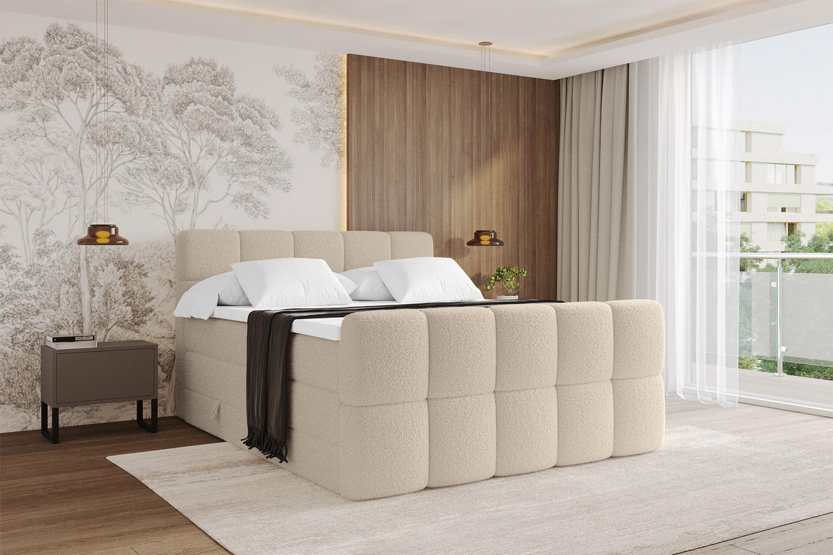 BOXBETT mit Matratze H3/H4 - FAMA-Z KING - 160x200 cm Dunkelbeige Quelle - Creme, Holzwerkstoff (160/200cm) - ALTDECOR
