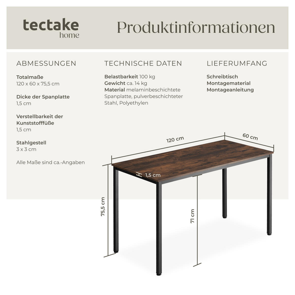 SCHREIBTISCH Vanport,120 x 60 x 75,5 cm,Industrial Holz dunkel, rustikal - Rostfarben, Holzwerkstoff (120/60/75.5cm) - tectake