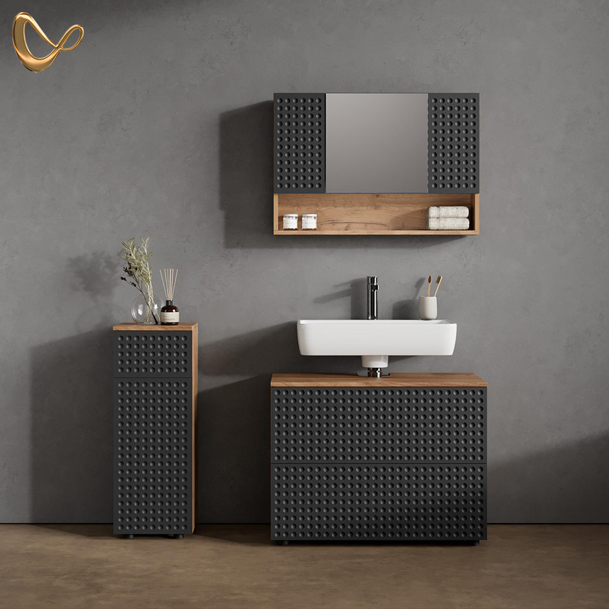 BADMÖBEL-SET Ronco Anthrazit gepunktet 3 Teile, mit Schubladenschrank und Midischrank - Eichefarben/Anthrazit, Holzwerkstoff (80/58/41cm) - Livinity®