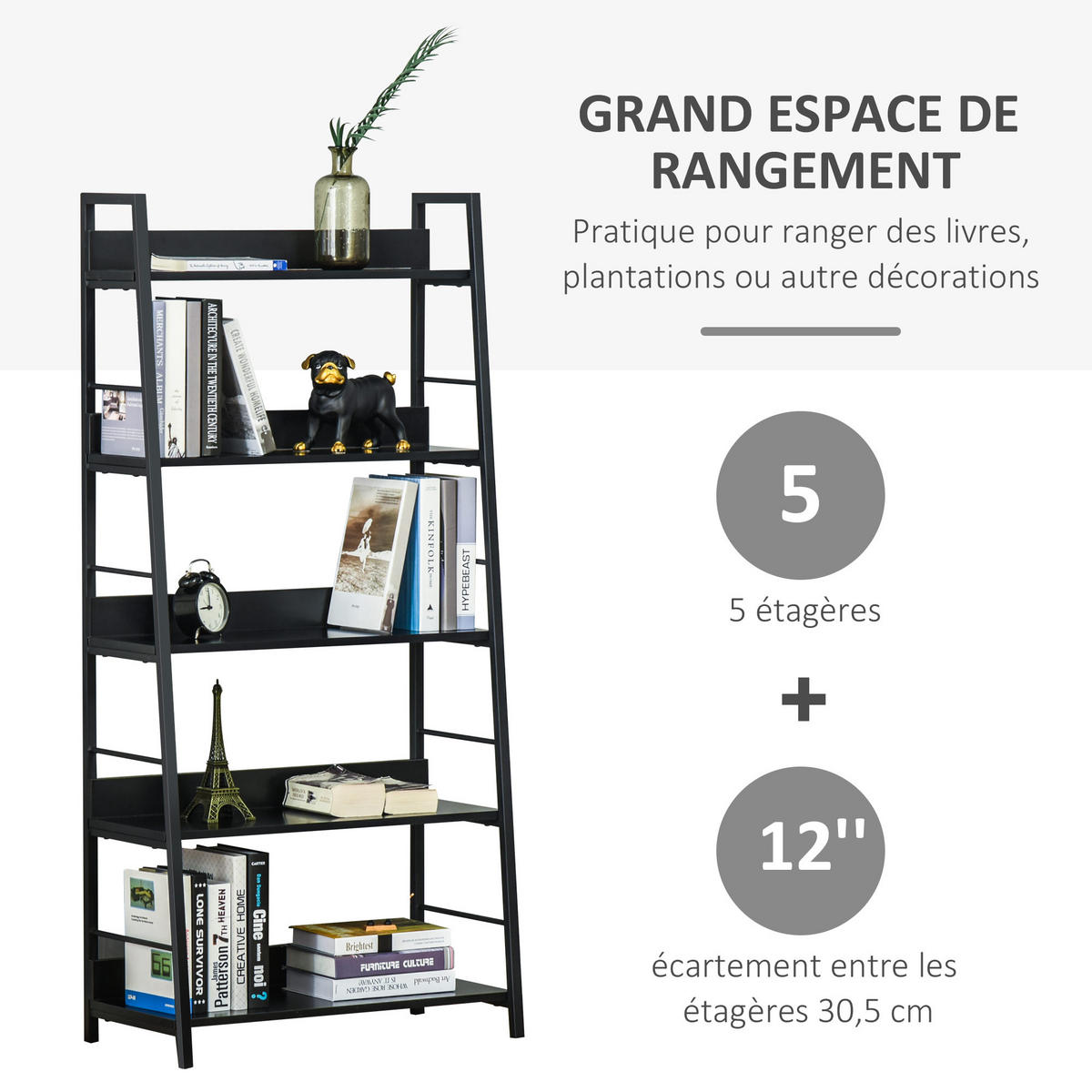BÜCHERREGAL,GENEIGT 5 Niveaux 70x35x150cm,schwarz - Schwarz, Holzwerkstoff (70/150/35cm) - Vallsero
