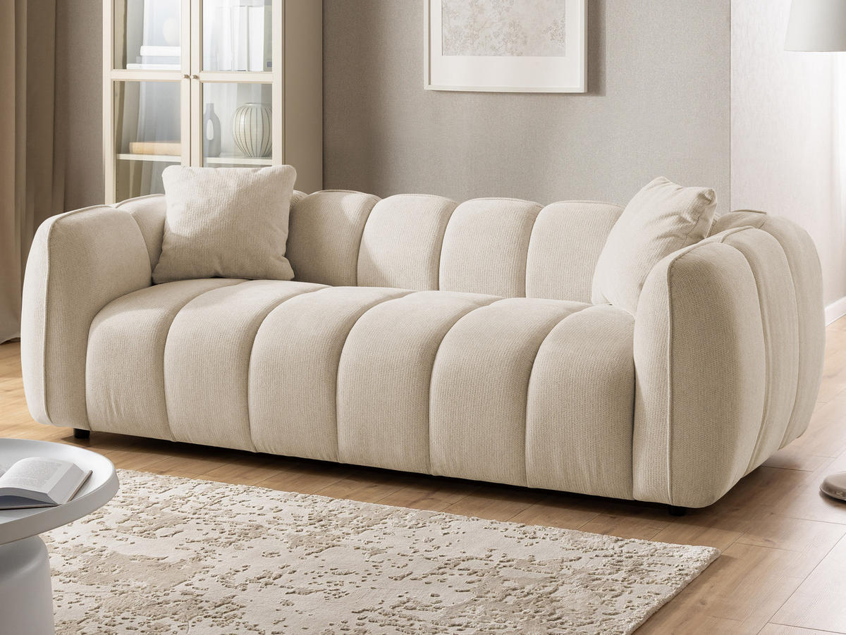 SITZGARNITUR 3+2 Nubira in tief gesteppter Bubble-Optik aus weichem Hellbeige Strukturstoff im modernen Design - Beige/Schwarz, Holz/Kunststoff (228/69/89cm) - S-Style Möbel