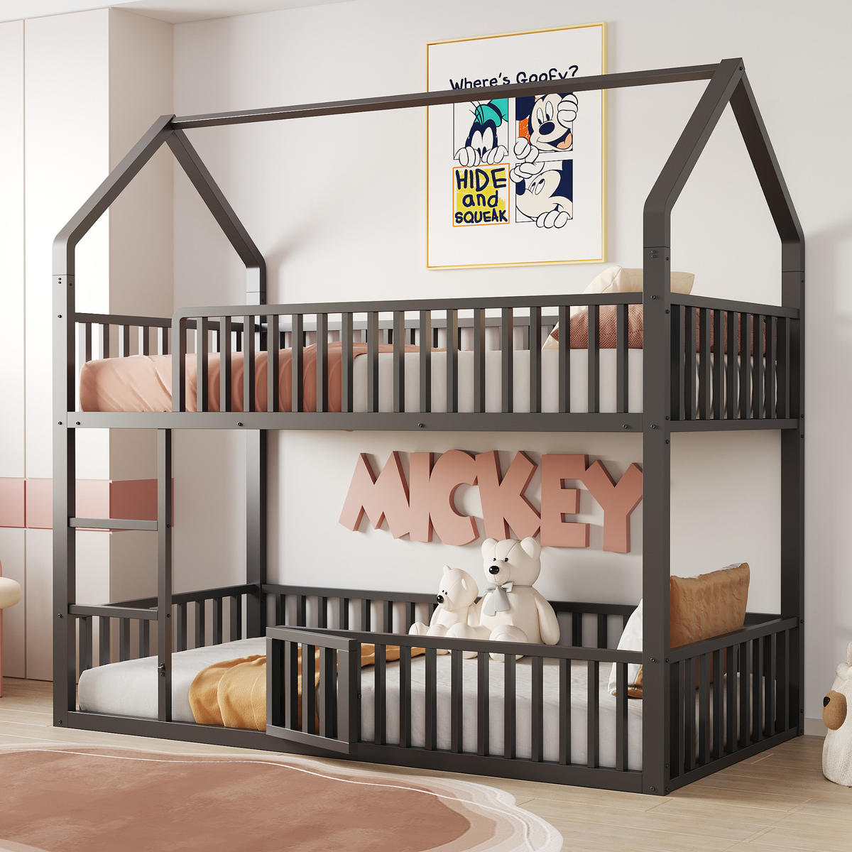 ETAGENBETT 90/200 cm in Schwarz mit Leiter und Tür aus Metall - Schwarz, Metall (90/200cm) - CHICFURN