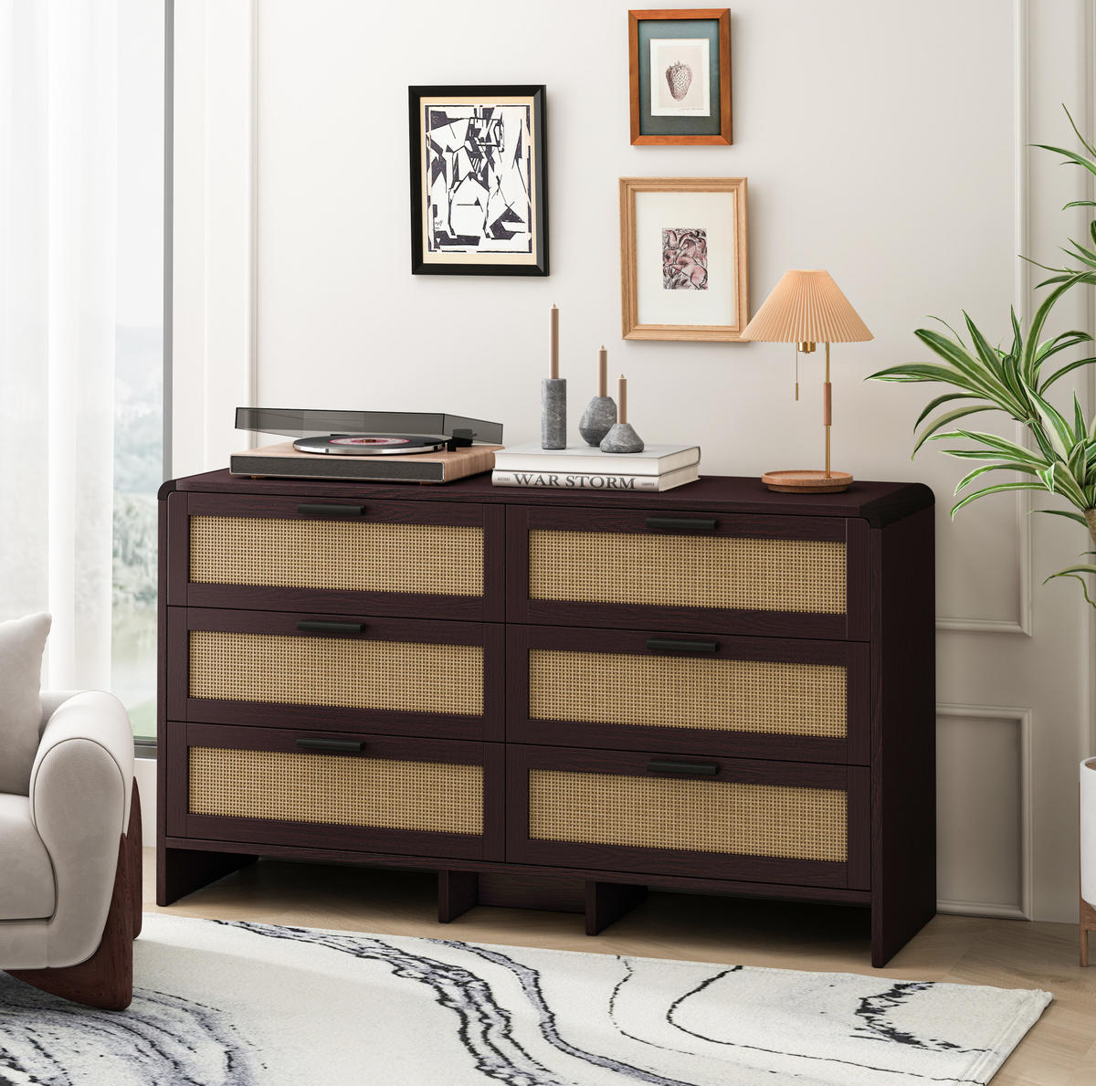 KOMMODE 130 cm mit 6 Schubladen, abgerundeten Ecken und Rattangeflecht, Rotbraun - Braun, Holzwerkstoff (130/74/40cm) - Redom
