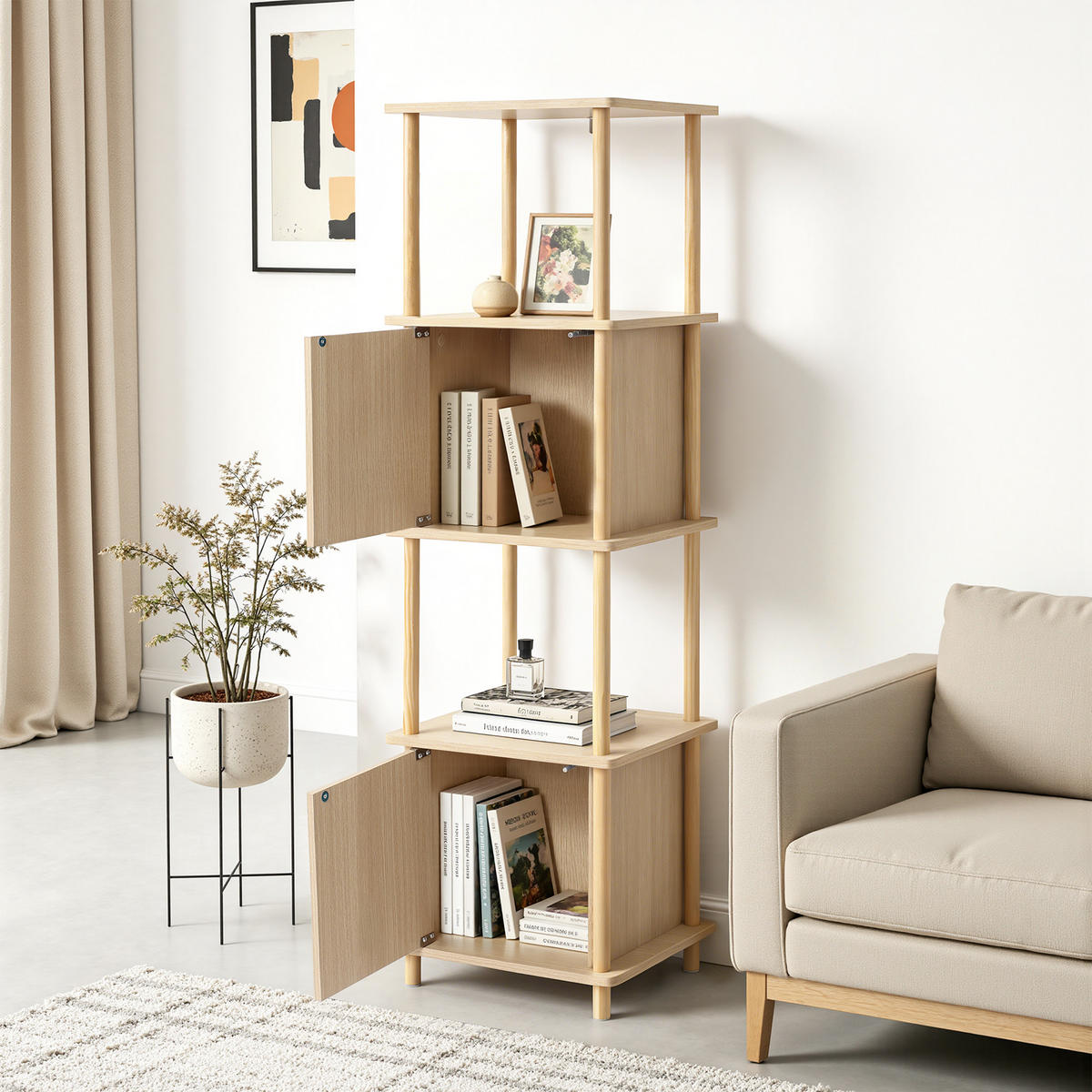 SCHMALES Standregal mit 4 Ablagen und Stauraum, Bücherregal - Alteiche, Holz (35/148/40cm)