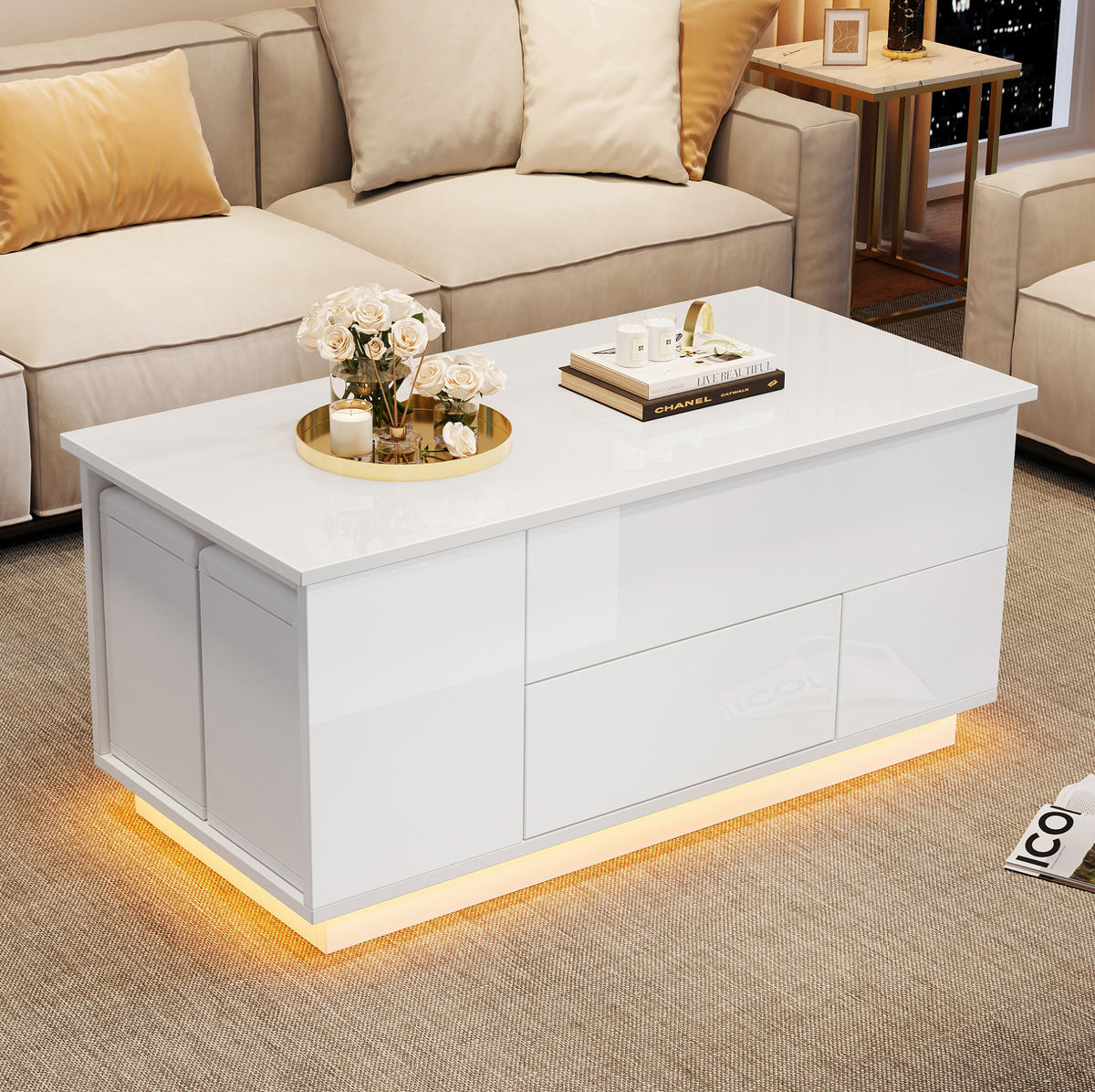COUCHTISCH 100/50/45 cm mit LED-Beleuchtung und höhenverstellbarer Tischplatte, Weiß - Weiß, Holzwerkstoff (100/50/45cm) - Flora Grace
