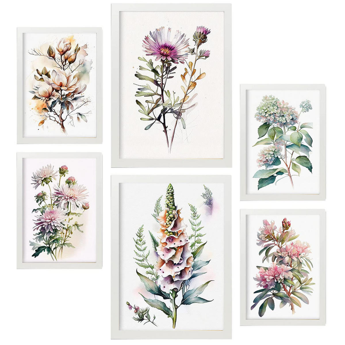 POSTER Set Mit 6 Waldblume Größe A3 & A4 Weißer Rahmen - Weiß, Papier (29.7/1cm) - Nacnic