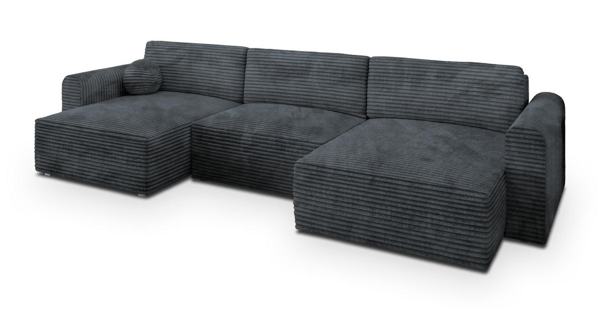 WOHNLANDSCHAFT FENTO Grau Kordstoff mit Schlaffunktion - Grau, Holz (347/90/148cm) - MASSENO