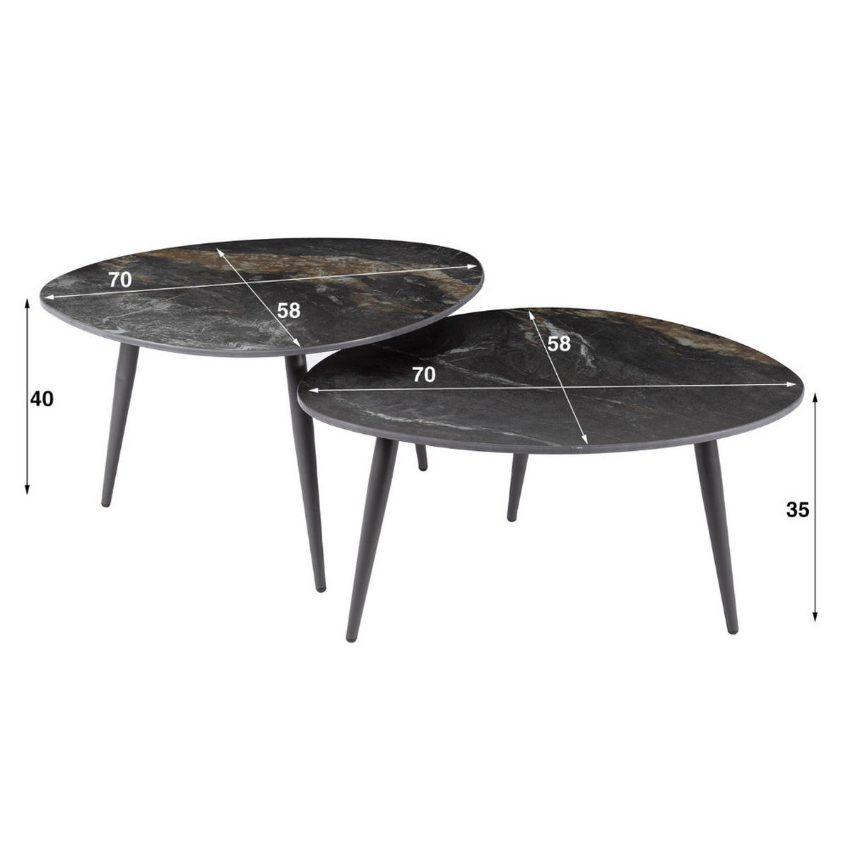 COUCHTISCH-SET FOSSILE NERO Organische Satztische in dunkler Marmor-Keramik - Schwarz, Keramik (58/70/35cm) - alesvelt