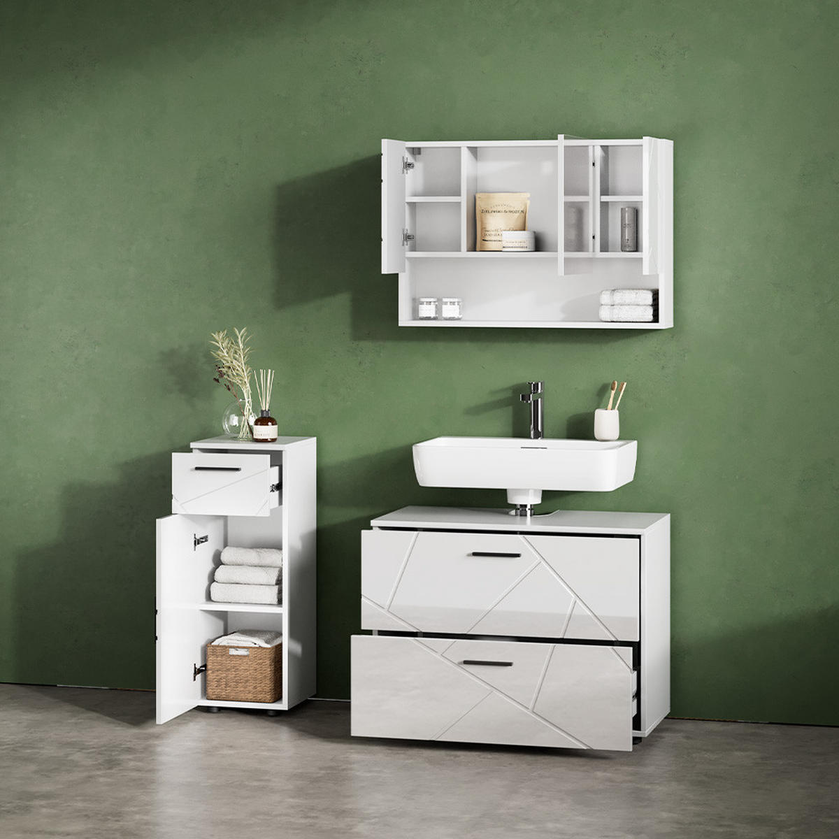 BADMÖBEL-SET Ronco Weiß Hochglanz 3 Teile, mit Schubladenschrank und Midischrank - Weiß Hochglanz/Weiß, Holzwerkstoff (41/80/58cm) - Livinity®