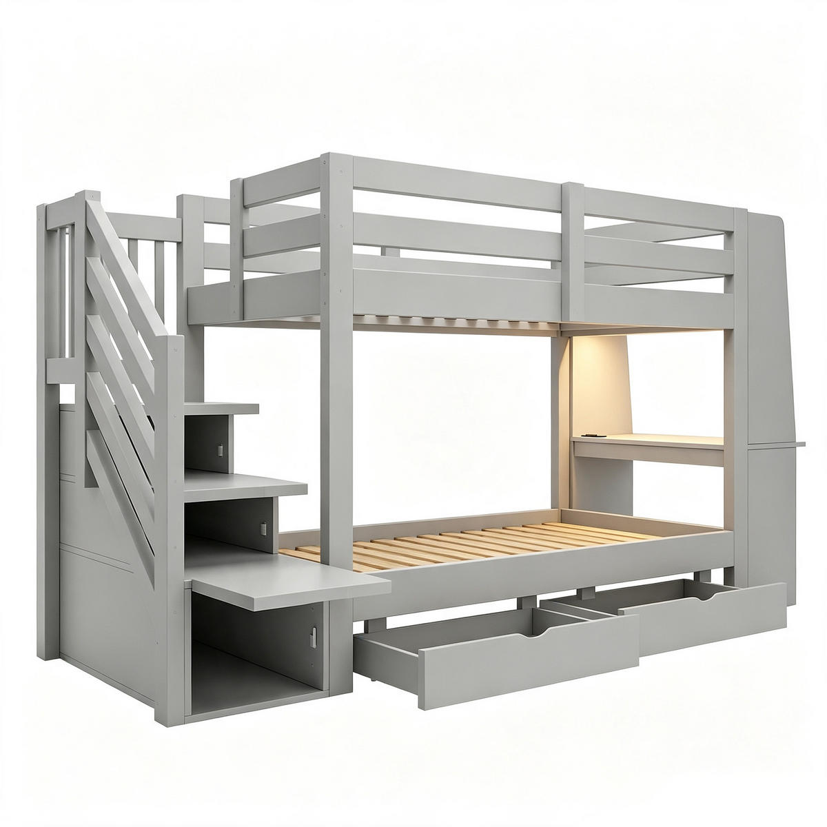 ETAGENBETT 90/200 cm mit Schreibtisch und LED, DE-41592, in Grau - Grau, Holzwerkstoff (90/200cm) - ComfortXL