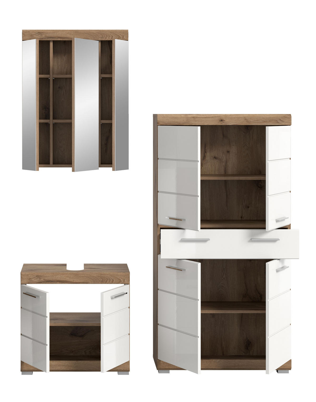 BADKOMBINATION 3tlg. Wave Bad in Nox Oak Nachbildung und weiß hochglanz B/H/T: 149x191x34 cm - Eichefarben, Holz (149/191/34cm)