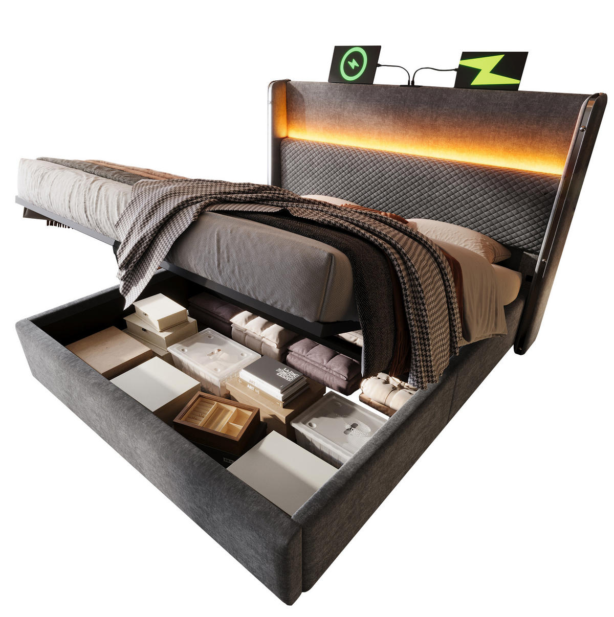 ČALOUNĚNÁ postel 180/200 cm šedá z lnu s LED osvětlením, USB a úložným prostorem - šedá, textil (180/200cm) - OKWISH
