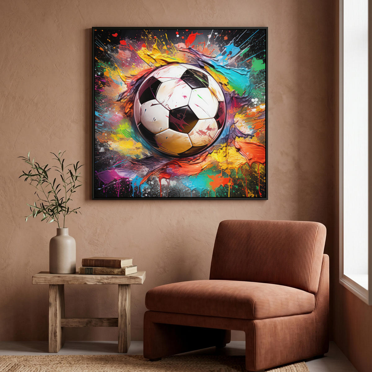 LEINWAND Bilder mit Rahmen - Fußball - Farbe - Farben - Schwarz - Weiß - 90x90 - Weiß, Textil (90/90cm) - MuchoWow