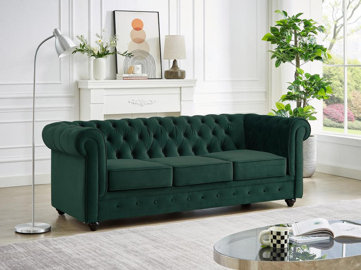 SOFA 3-Sitzer - Samt - Grün - CHESTERFIELD - Grün, Textil (88/72/205cm) - Vente-Unique