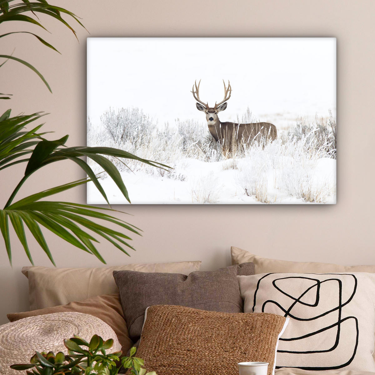 LEINWANDBILD Hirsche - Winter - Schnee - Tiere - Jahreszeiten - Weiß Wanddeko 90x60 cm - Hellbraun, Textil (90/60cm) - MuchoWow