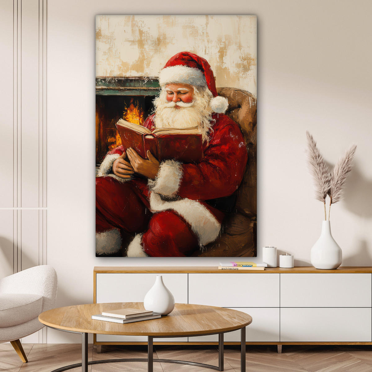 LEINWANDBILD Weihnachten - Weihnachtsmann - Winter - Open Fireside Deko Groß 90x140 cm - Dunkelrot, Textil (90/140cm) - MuchoWow