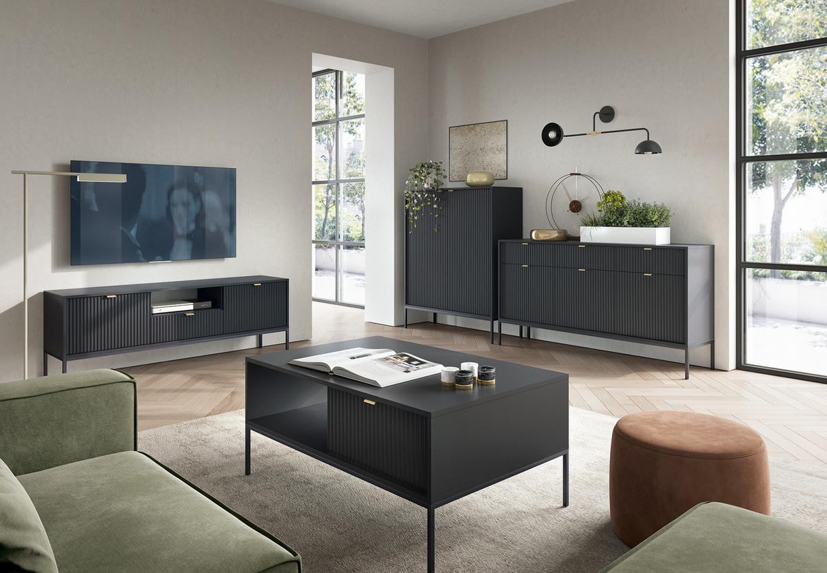 NACHTTISCH Nova - NOC, Geriffelte Front mit Goldenes Griffdesign 54x39x56 cm Schwarz - Schwarz, Holzwerkstoff/Kunststoff (54/56/39cm) - DomoHome