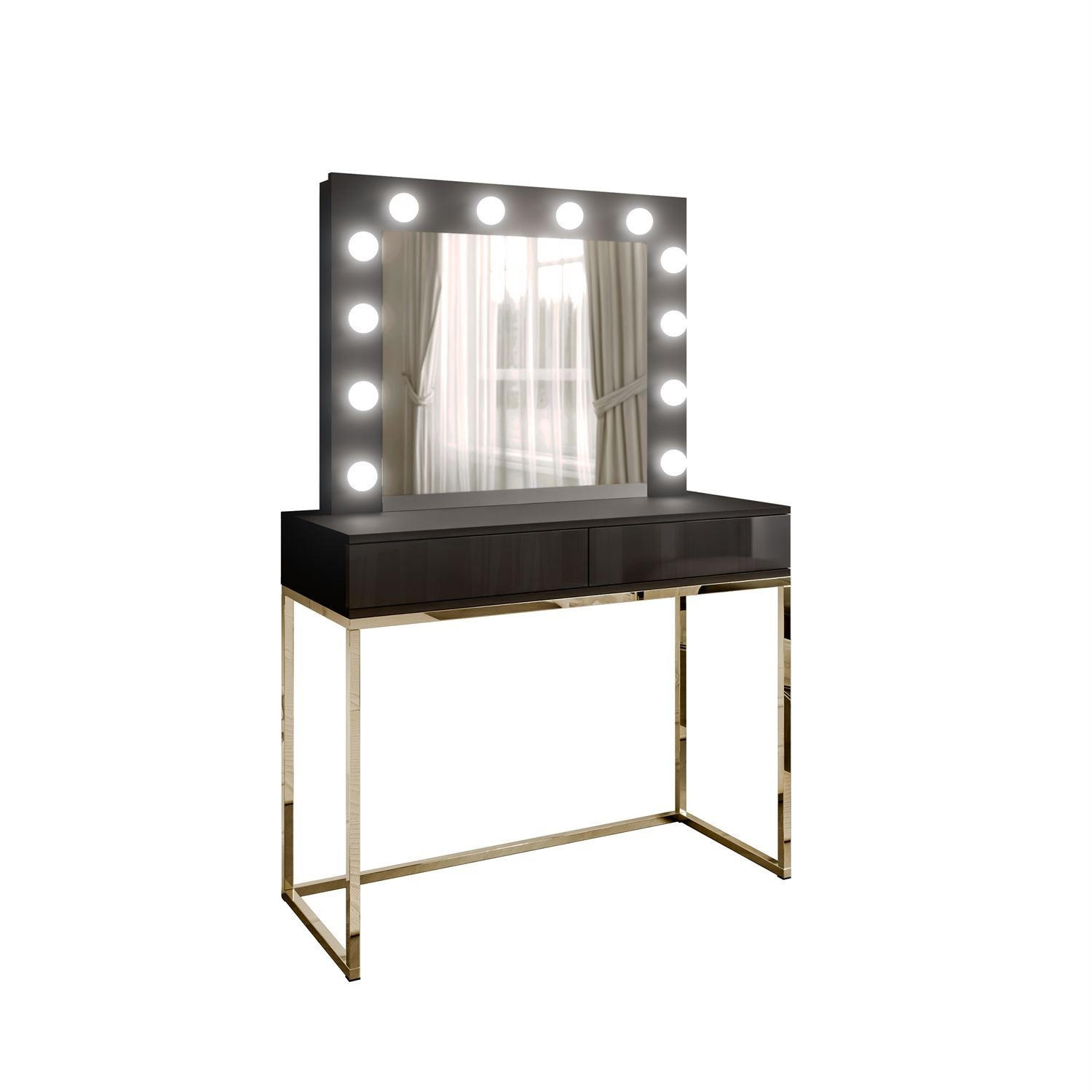 SCHMINKTISCH BLANCO mit Spiegel und Beleuchtung Gold Chrom Schwarz Hochglanz PUSH OPEN - Schwarz Hochglanz/Goldfarben, Holzwerkstoff (100/146/42cm) - Lookway