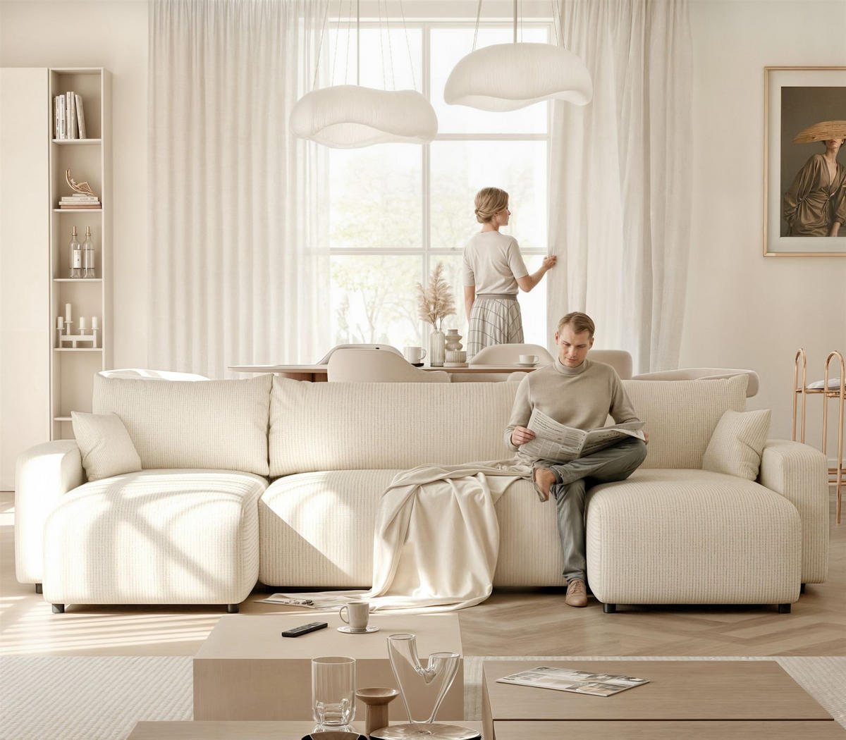 WOHNLANDSCHAFT Luna Mit Schlaffunktion - Creme, Holzwerkstoff/Textil (318/79/145cm) - Fun Möbel