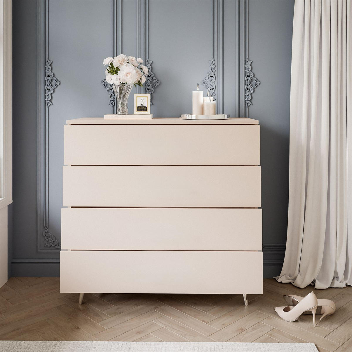 KOMMODE AURA KASCHMIR 4S mit Schubladen Silberne Beine - Kaschmir/Silberfarben, Holzwerkstoff (95/90/40cm) - Lookway