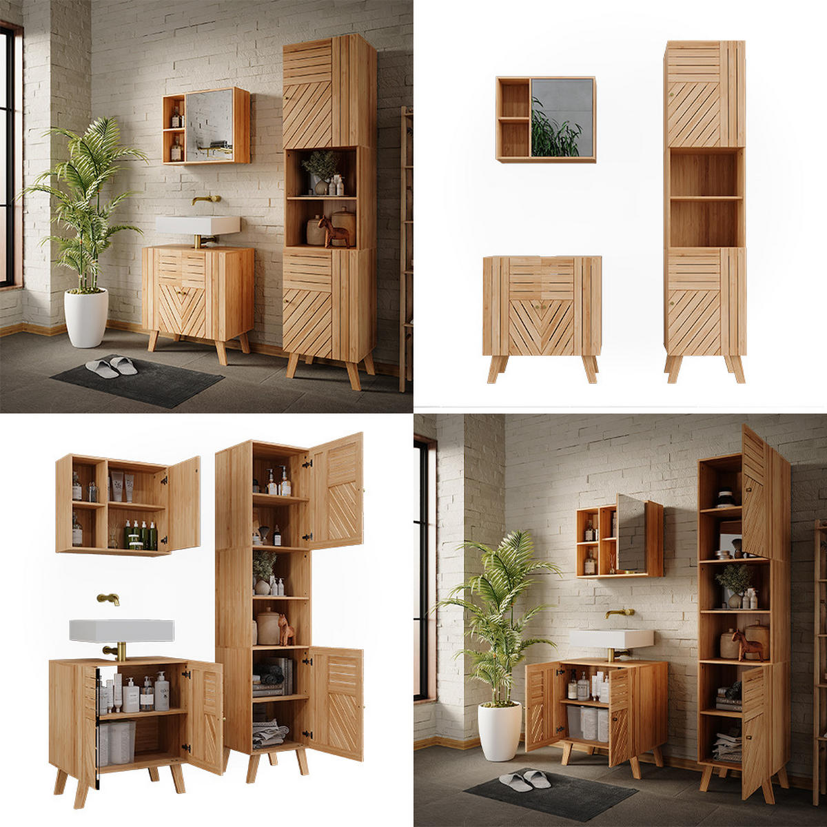 BADMÖBEL-SET Lucie Bambus 3 Teile, mit Hochschrank - Grün, Holzwerkstoff (60/65/36cm) - Vicco