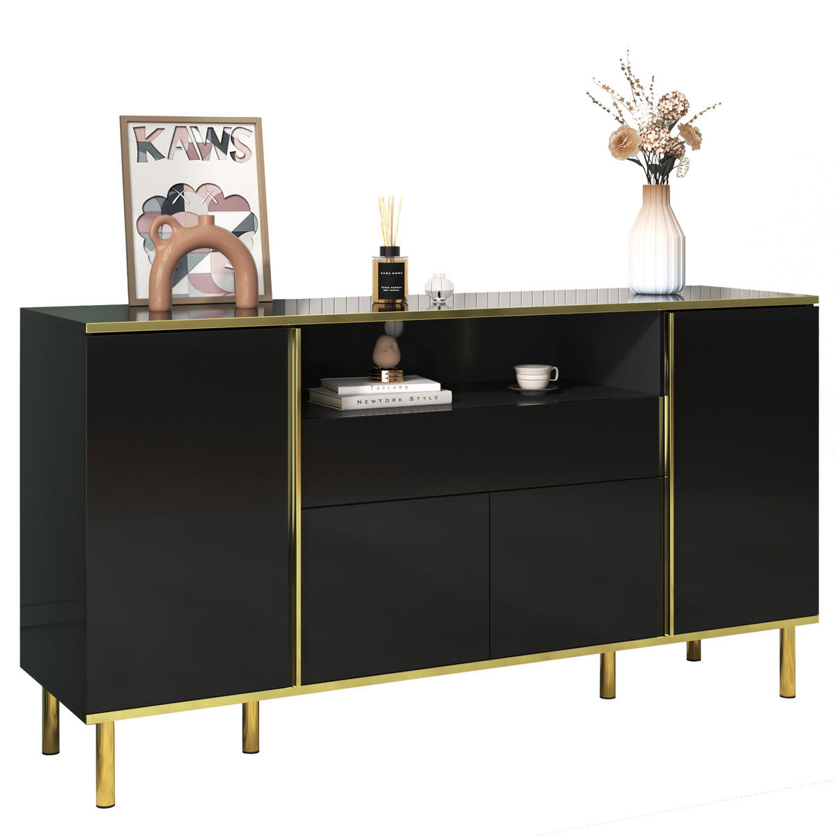 SIDEBOARD in Hochglanz Schwarz mit goldenen Akzenten, 4 Türen, 1 Schublade und LED-Beleuchtung, 150/40/80 cm, Schwarz - Schwarz, Holzwerkstoff (150/80/40cm) - Redom