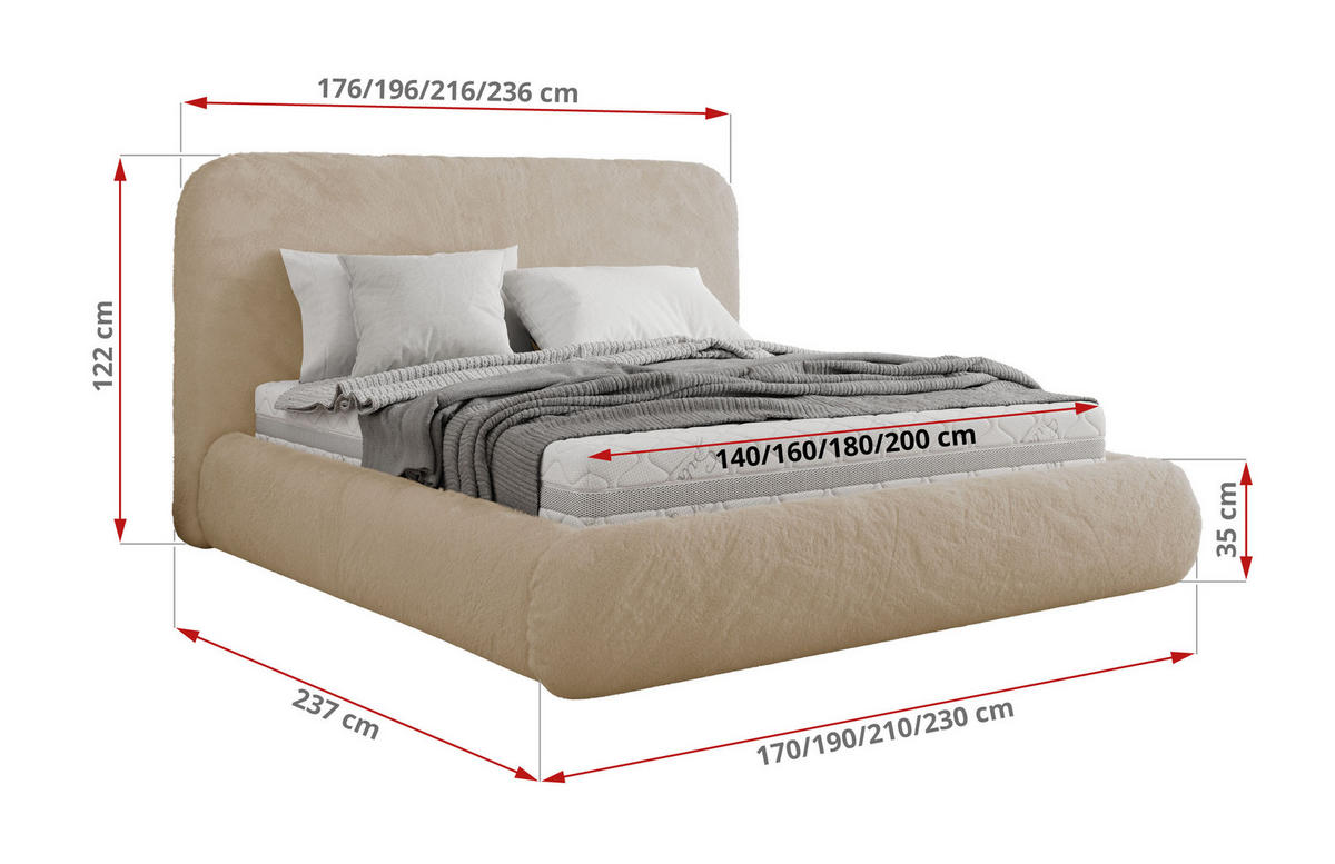 POLSTERBETT BENEA CLASSIC 200/200 - Creme Plüsch - ohne Matratze - Creme, Textil (200/200cm) - MKS