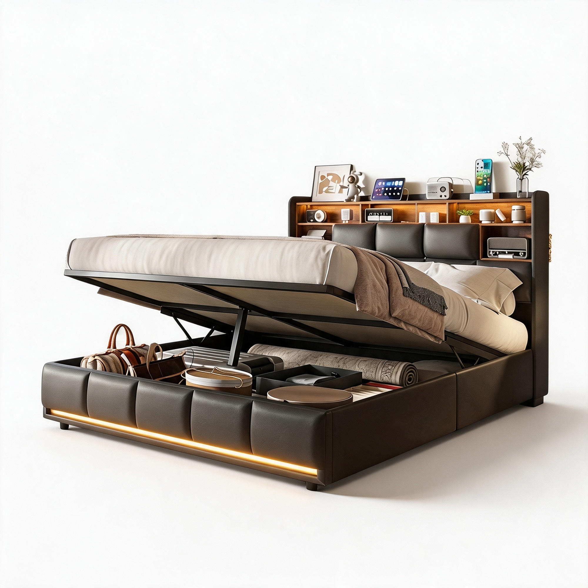 POLSTERBETT 140x200, Doppelbett mit Bettkasten, LED und USB, hydraulischer Stauraum, PU Schwarz - Schwarz, Leder/Holz (140/200cm) - GENKI LIVING