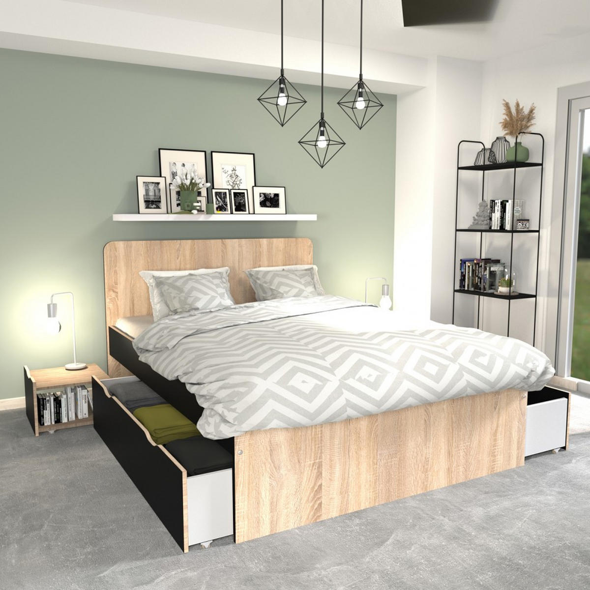 DOPPELBETT ZENIA / Bett 140x190 + 2 Konsolen + 2 Schubladen - Eiche gebleicht & schwarz - Schwarz, Holzwerkstoff (140/190cm) - Weber Industries