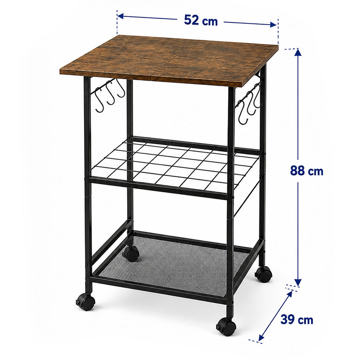 CĂRUCIOR de bucătărie negru maro vintage 3-niveluri metal MDF - negru, compozit lemnos/metal (52/88/39cm) - Relaxdays