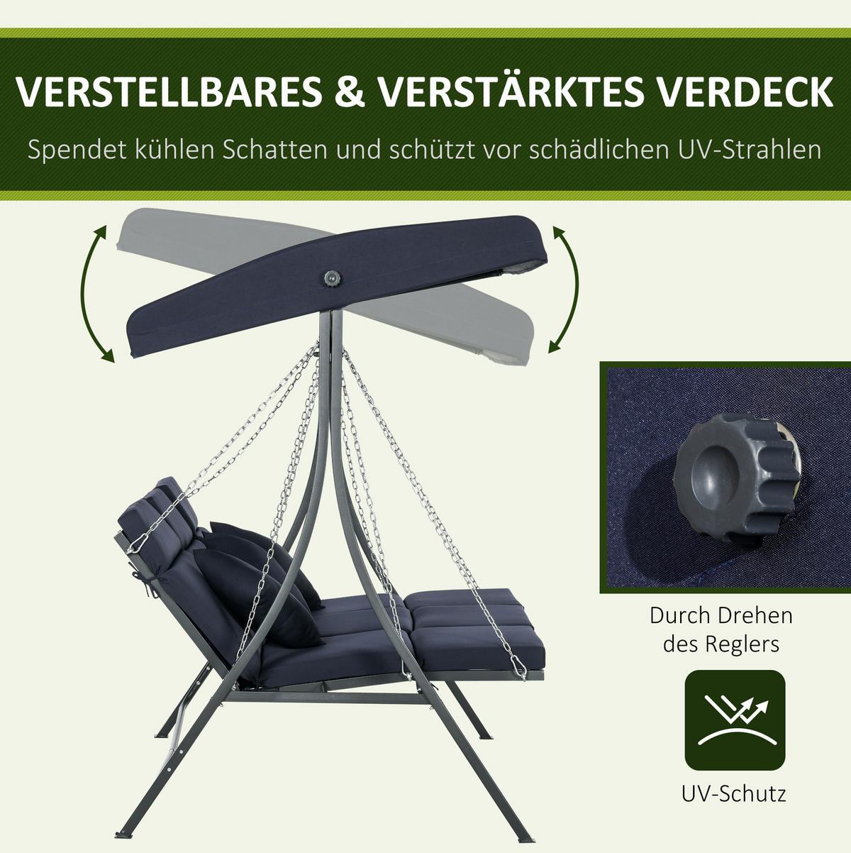 HOLLYWOODSCHAUKEL 3-Sitzer mit verstellbarem Sonnendach und Kissen, Dunkelblau - Dunkelblau, Metall (89/168/156cm) - Redom