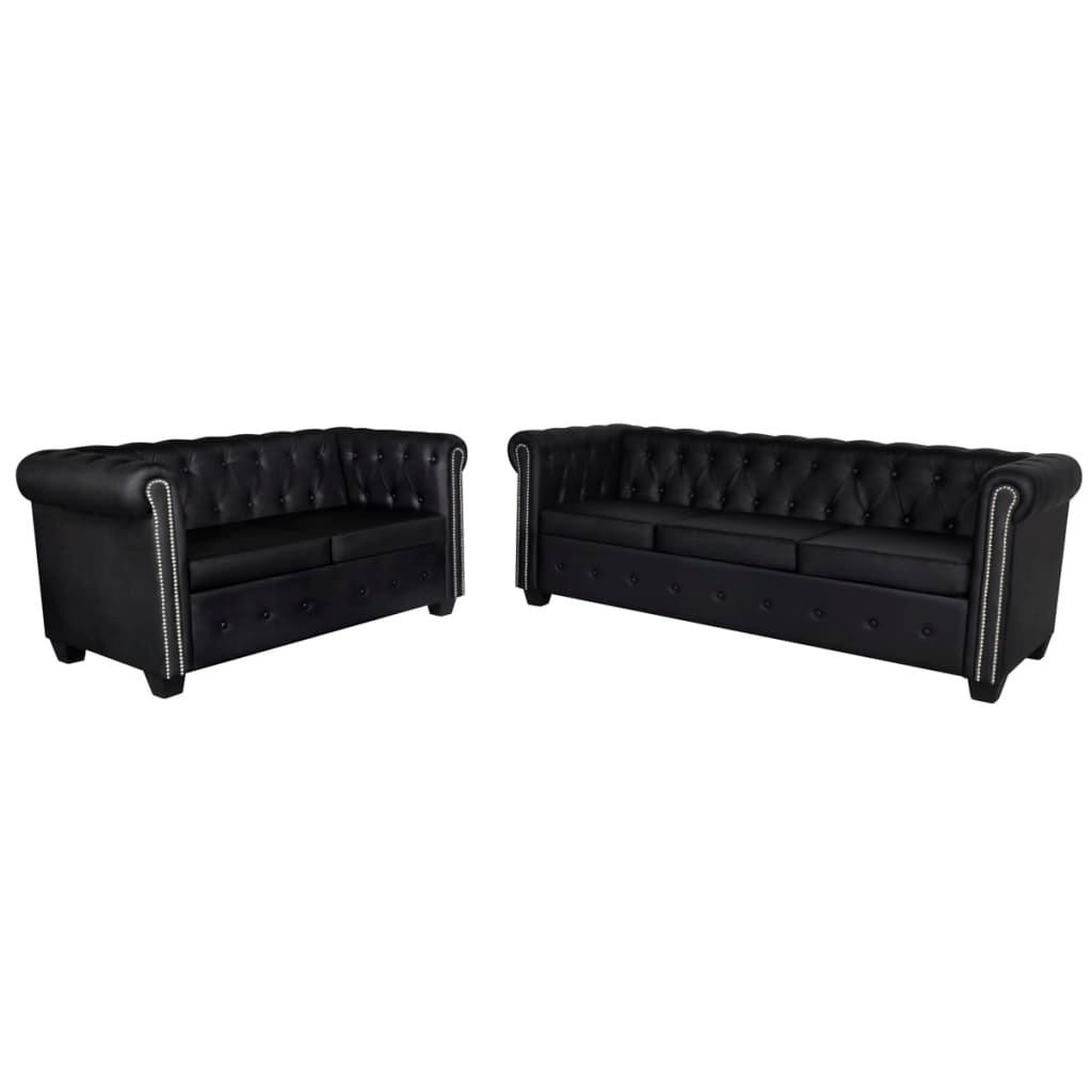 SOFAS Chesterfield-Sofas 2-Sitzer und 3-Sitzer Kunstleder Schwarz 145.5x76x70CM - Schwarz, Holz (145.5/70/76cm) - ZMH