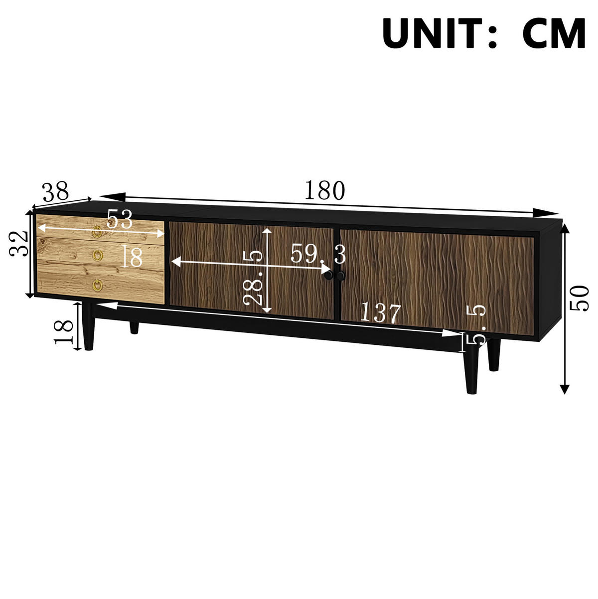 TV-LOWBOARD 180/38/50 cm mit 2 Türen, 3 Schubladen und Soft-Close - Schwarz, Holzwerkstoff (180/38/50cm) - BEAOK
