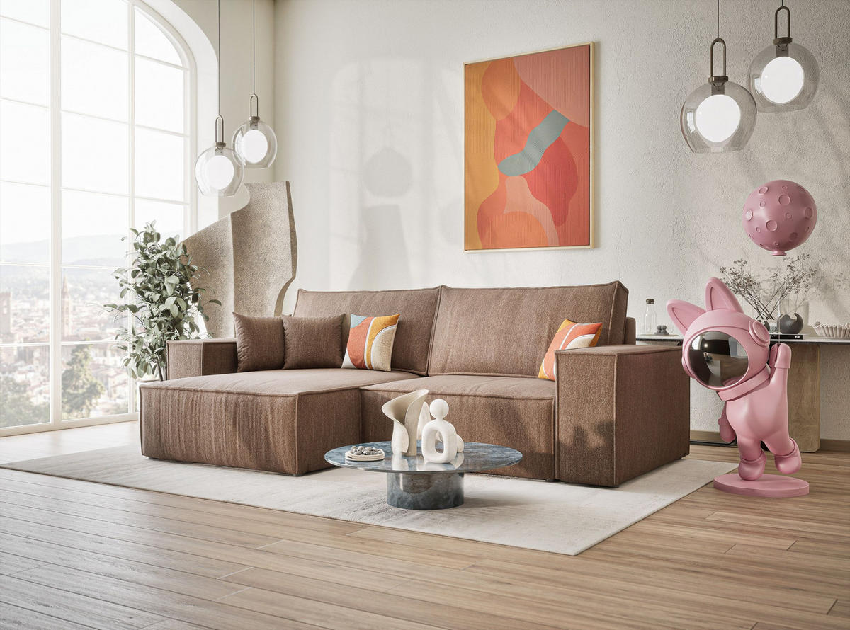 ECKSOFA MIT SCHLAFFUNKTION Zaya Hellbraun Webstoff - Hellbraun/Schwarz, Holz/Holzwerkstoff (255/148cm) - Maison de Reve