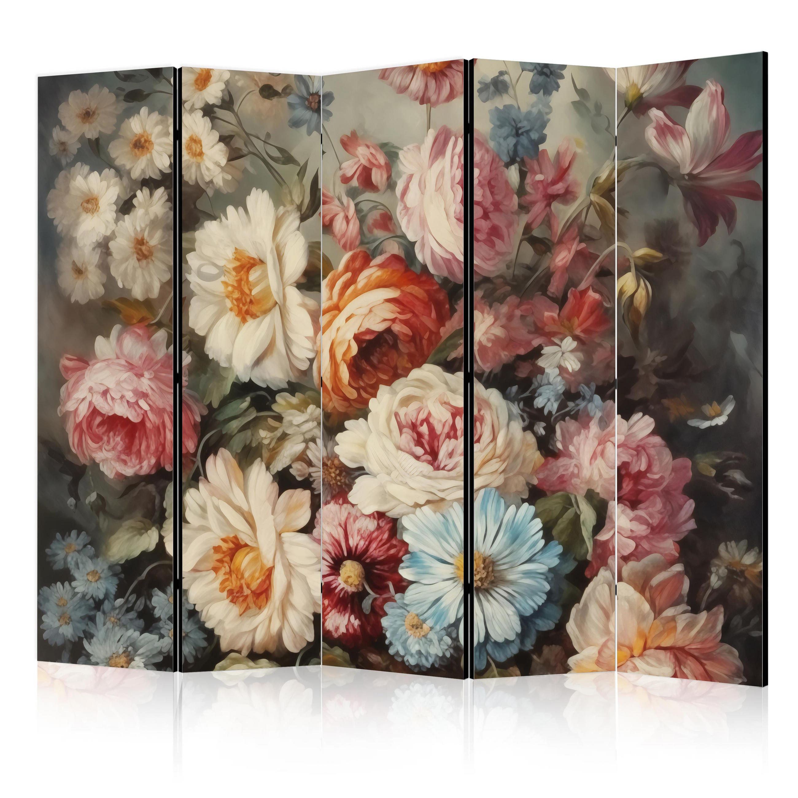 PARAVÁN Jednostranný 5-dielny 225x172 cm Divoké Kvety v Retro Štýle - viacfarebná, drevo/textil (225/172/3cm) - Muralo