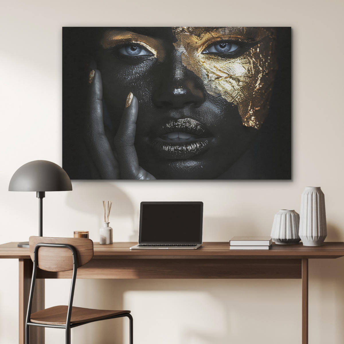 AKUSTIKPANEEL Frau - Gold - Porträt - Schwarz-Weiß - Luxus 100x70 cm - Hellblau, Textil (100/0.9/70cm) - MuchoWow