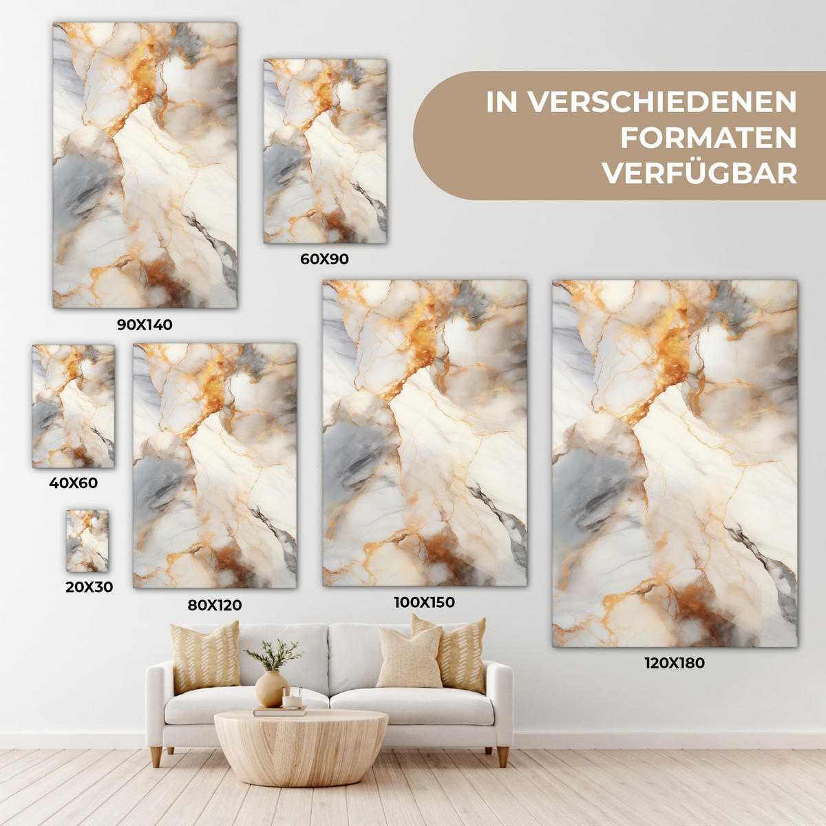 LEINWANDBILD Marmor - Grau - Gold 40x60 cm - Weiß, Textil (40/60cm) - MuchoWow
